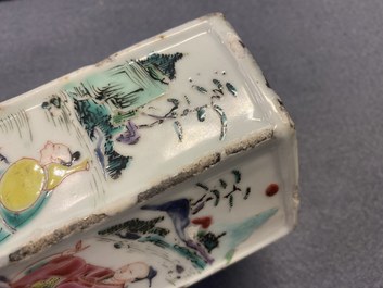 A hexagonal Chinese famille rose brush pot with figurative panels, Yongzheng